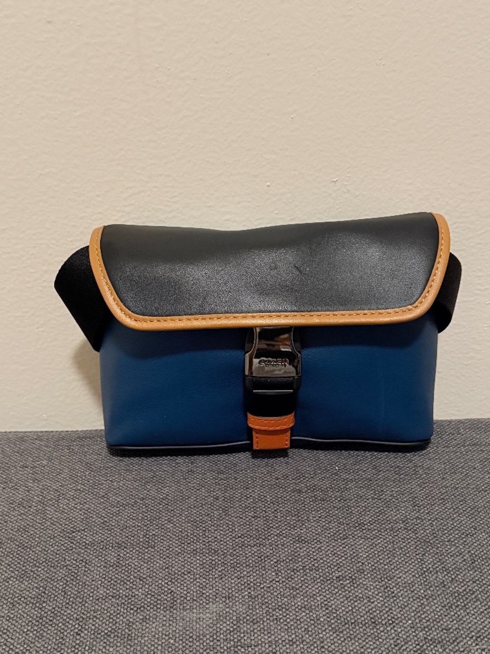 Coach Rider Double Belt Bag Colorblock Leather Navy Black Saddle Crossbody